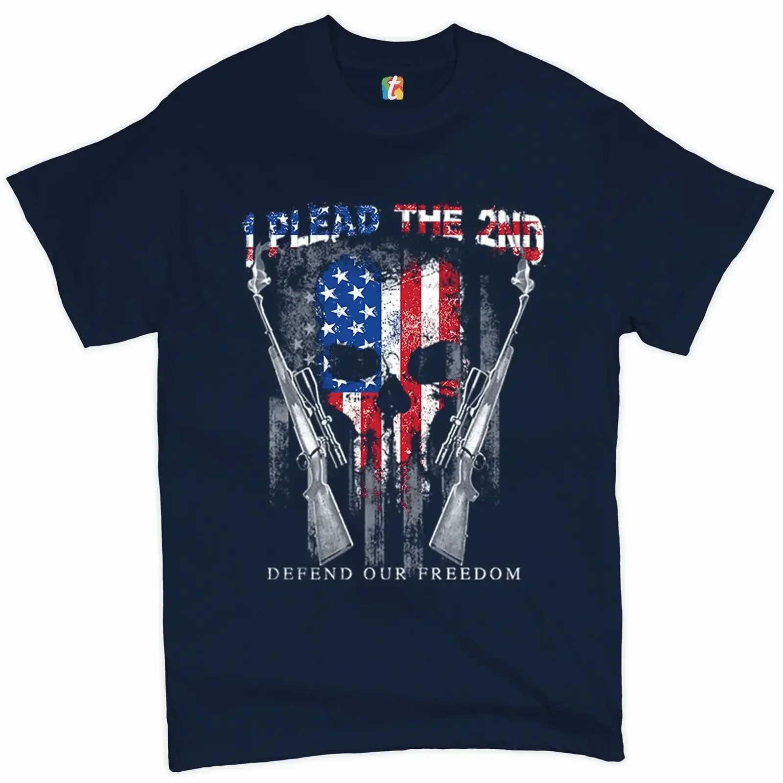 I Plead The 2nd Defend Our Freedom American Flag Skull T-Shirt 100% Cotton O-Neck Short Sleeve Casual Mens T-shirt Size S-3XL