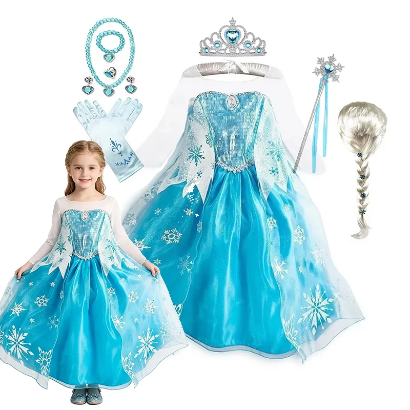 Girls Ice Snow Princess Cosplay Dress with Long Cloak Kids Outfit for Halloween Carnival Birthday Theme Party Role‑Play Dress‑Up