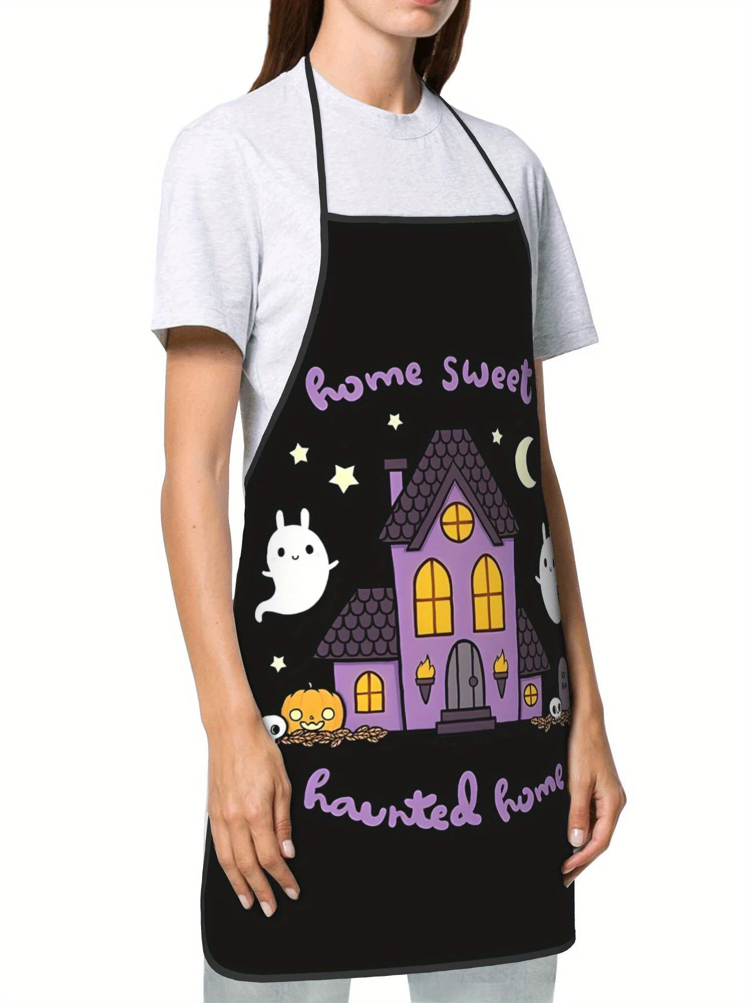 Home Sweet Home Halloween Apron  Woven Fabric with Playful Ghost, Witch, and Haunted House Print Baking, and Festive