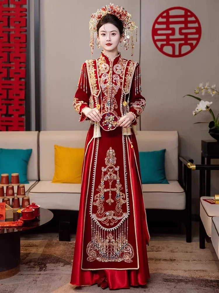 

New heavy-duty velvet wedding dress large-sized Chinese-style for brides