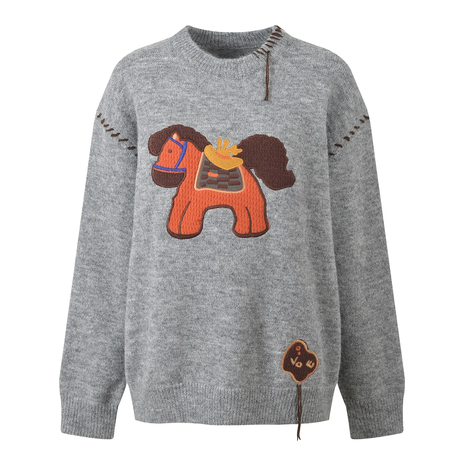 Maglione lavorato a maglia allentato dal design ricamato Faionable. Simpatico pullover rotondo da donna, stagione primaverile, abbigliamento casual