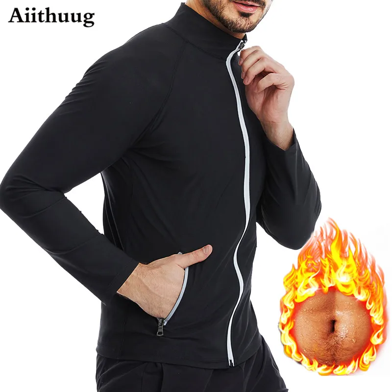 Aiithuug Men Sauna Jacket Long Sleeve Sweat Tops Sauna Suit for Exercise Heat Trapping Top Workout Training Corset with Zipper