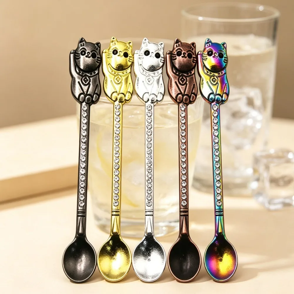 Cat Shaped Diamond Inlaid Metal Small Spatula Spoon Micro Adjustment Spoon Multipurpose Smoking Accessory Kitchen Gadget view 2