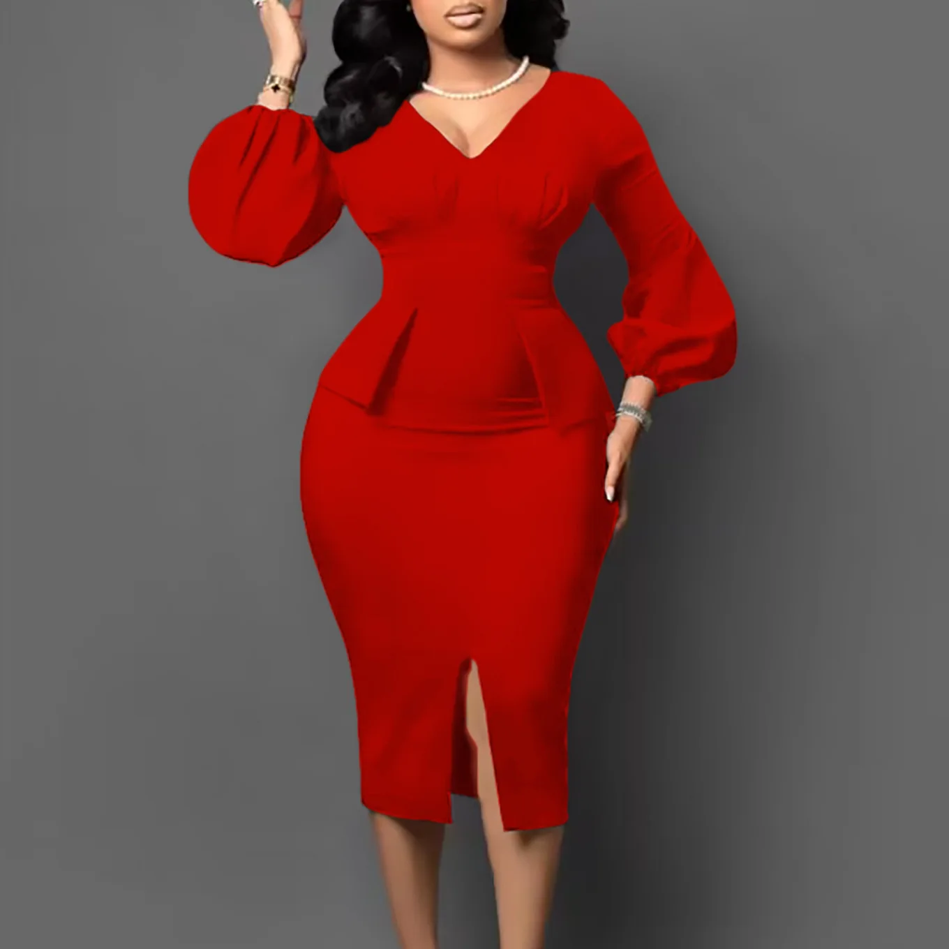 

Women's V-neck bubble sleeve split dress office pencil dress African dress temperament sexy high-end business clothing