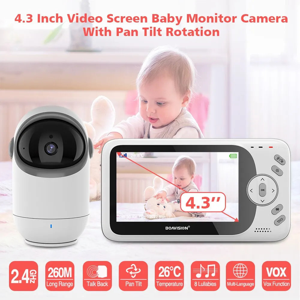 Monitor bayi Video 4.3 inci, dengan kamera miring Pan 2.4G nirkabel Audio dua arah penglihatan malam kamera keamanan Babysitter VB801