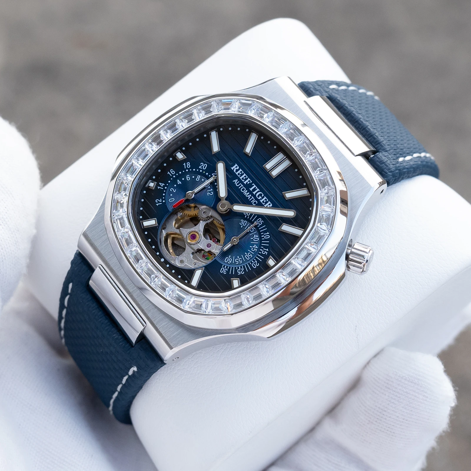 Reef Tiger Men Automatic Watch 44mm Square Mechanical Wristwatch 5ATM Waterproof Luminous Sapphire Small Second & 24 Hours Dial