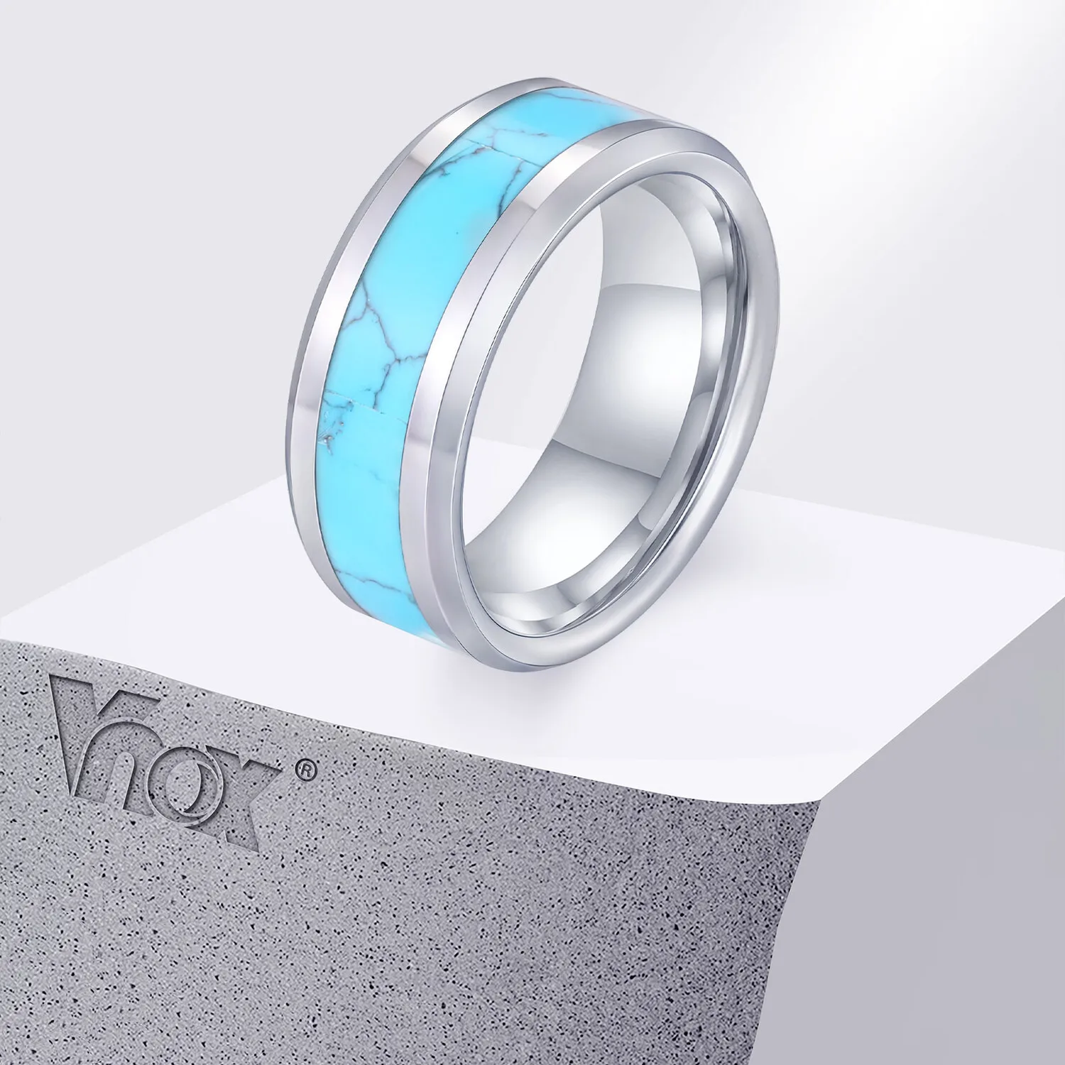 

Vnox Men's 8mm Tungsten Ring, Turquoise Natural Stone Non Scratch Wedding Band Jewelry Gift for Men Boys, Silver Color Size 7-12