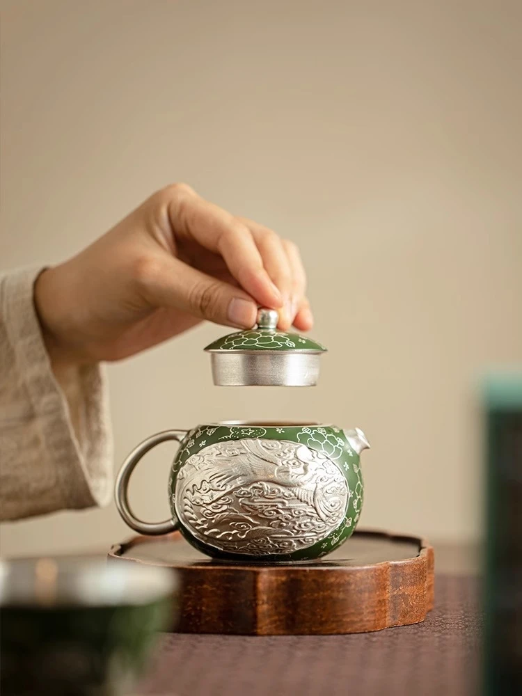 Silver Tea Pot, Dragon and Phoenix Tea Pot, Handmade Relief Blue and White Tea Pot, Gilded Silver Kung Fu Tea Set 4