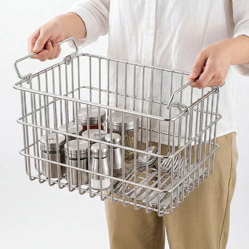 Stainless Steel Handle Storage Basket Space Saving Organizer for Kitchen Drawers Washroom Vanity Pantry - Multi-Use Storage Solu