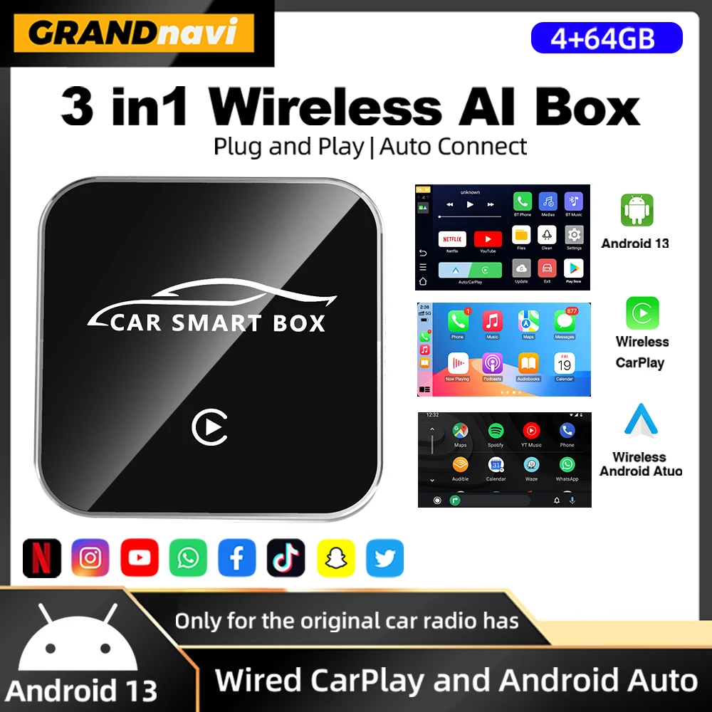 

3в1 Android 13 Ai Box проводной к беспроводному USB-адаптеру CarPlay Android Auto для Youtube Netflix Tiktok Google Play Plug & Play
