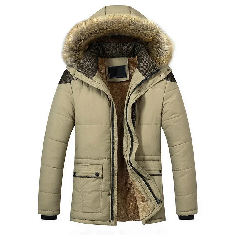 Winterkleding Heren Fluwelen Stof Bontkraag Jas Dik Katoenen Jas Oversized Mannen Capuchon Lange Parka Khaki Overjas Heren 4xl 5xl