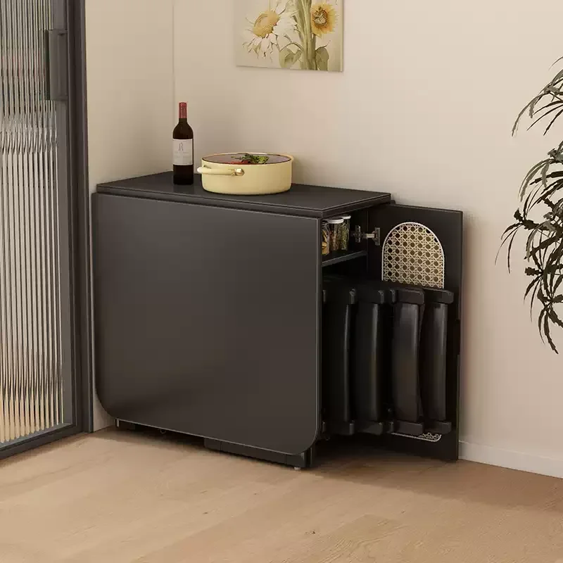 Retro 1.4 meters dining table black solid wood space saving multi-function invisible foldable