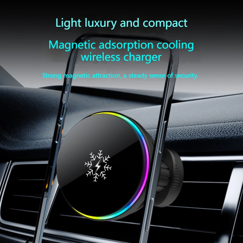Refrigeration Cooling Fan Radiator 15W Magnetic Wireless Electric Flexible Car Charger Breathing Atmosphere Lights Phone Mount