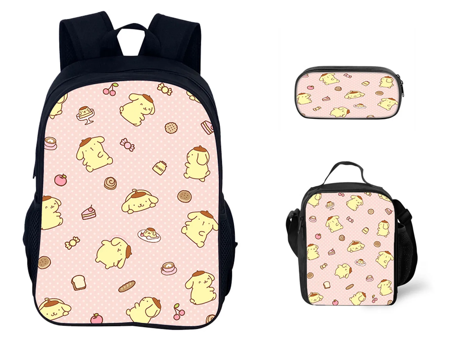 

Little Kid Boy Girl Pom Pom Purin Cartoon Bag Lightweight 3 in 1 Backpack Set,School Bookbag with Reusable Lunch Bag+Pencil Box