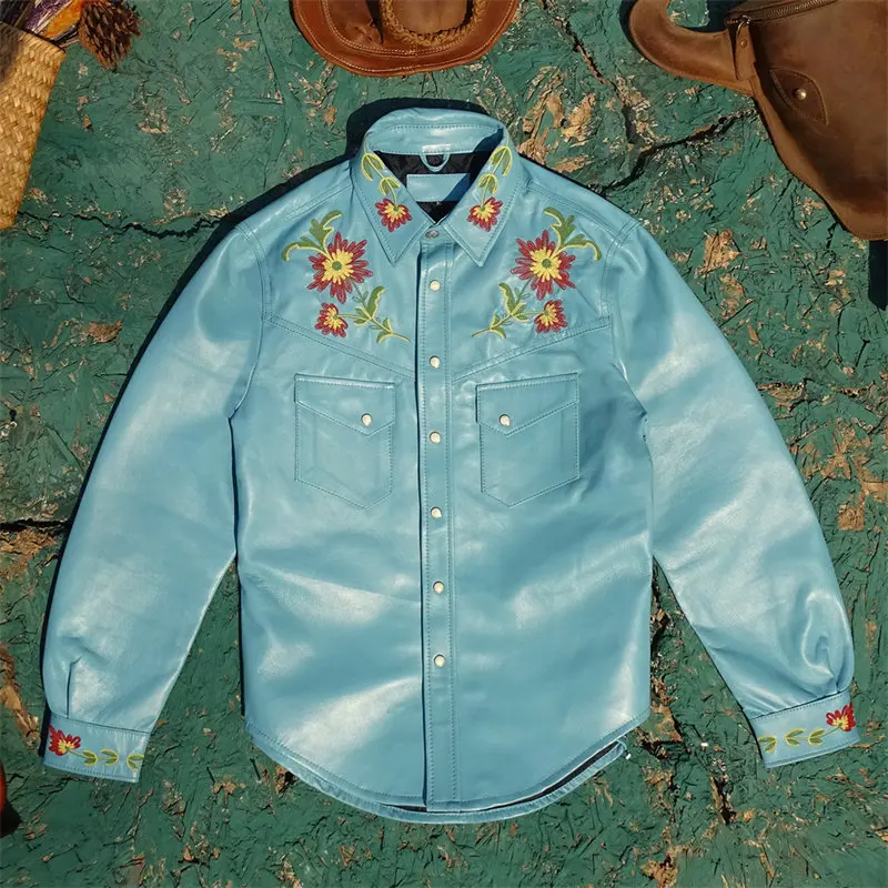 Men Musician‑Style Shirt Leather Jacket Imported Top‑Grain Sheepskin Genuine Leather Coat with Embroidered Floral Design