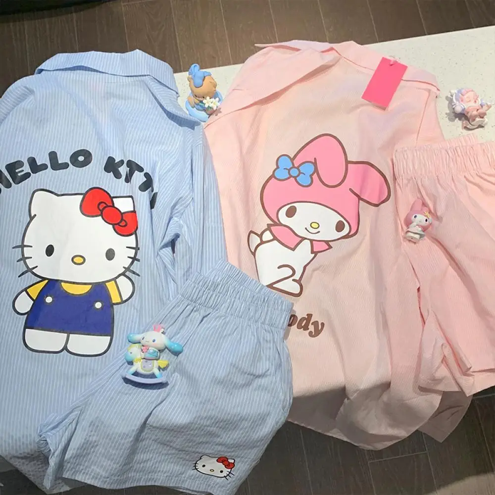 Cartoon Cotton Hello Kitty Pajamas Suit Shirt Shorts Sanrioed Anime Kawaii Cardigan Homewear Girls Student Spring Casual Loose