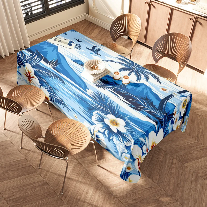 Summer Resort Tablecloth Blue Palm Tree Print, Plastic Free Dining Cover for Home Decor, Kitchen Table Linen