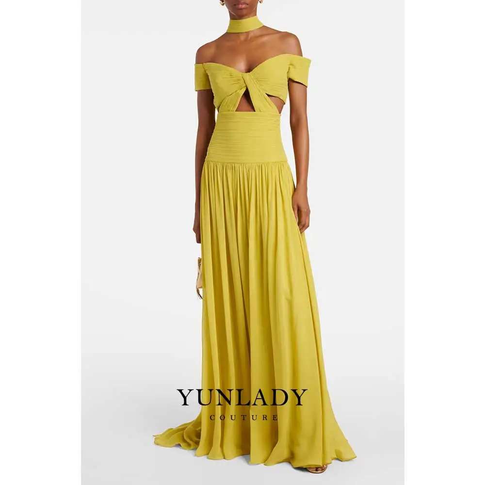 

YUNLAN Gorgeous Yellow Draped Hollow Silk Gown Strapless Cope A-line Prom dress 2025 birthday party Maxi Formal Evening Dress