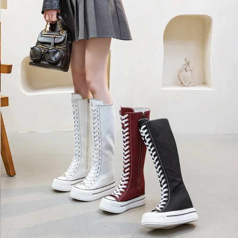 13 سنتيمتر الكعوب المرأة قماش الأحذية عادية عالية أعلى أحذية أحذية طويلة الدانتيل متابعة سستة مريحة الأحذية المسطحة أحذية رياضية بوتاس الفقرة Mujer #1
