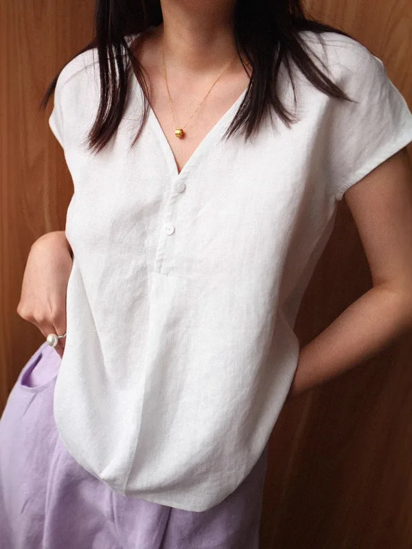 Casual Cotton Linen ort Sve irt Women's Summer Thin Loose Slimming V-Ne Cotton Linen Small Top Upper Body