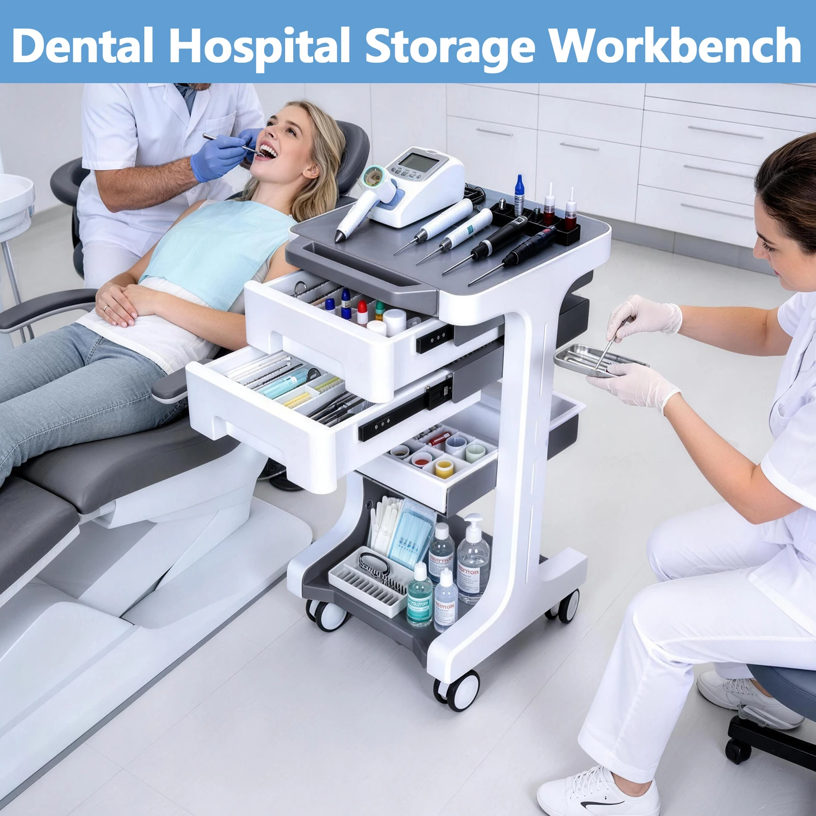 

Трехуровневая медицинская тележка на колесах с 2 ящиками, тележка для салонов красоты, максимальная нагрузка 110 фунтов, для использования в больницах и клиниках