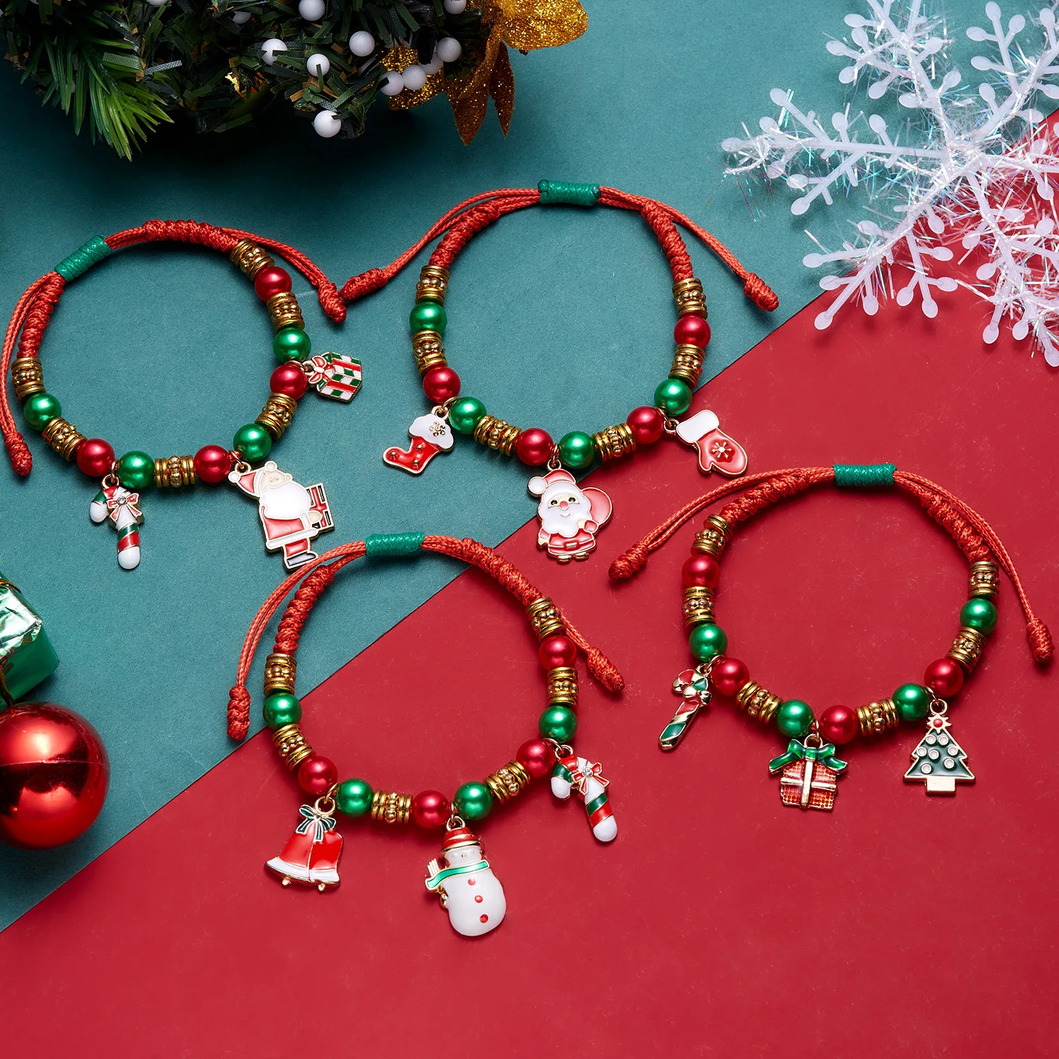 

2 Pcs Fashion New Christmas Accessories Everything Christmas Snowman Bell Cane Beaded Hand-woven Adjustable Bracelet