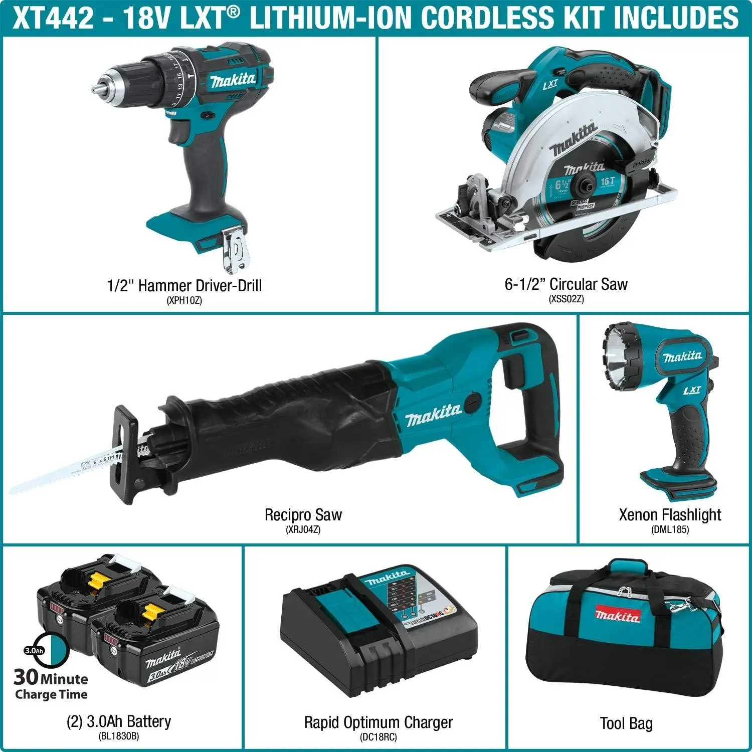 Makita XT442 18V LXT 3.0 Ah Lithium-Ion Cordless Combo Kit (4 Piece)