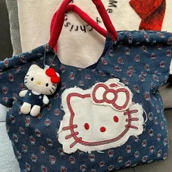 Miniso Hellokitty Retro Denim Handbag Thread Cartoon Korea Schoolbag Student High Capacity Square Bag Y2k Shoulder Bag Girl Gift