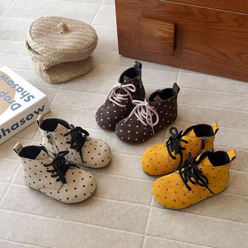 

2025 New Autumn Children Boots Pu Leather Cute Polka Dots Barefoot Shoes Rubber Sole Ankle Fashion Toddler Girls Boots 21-30