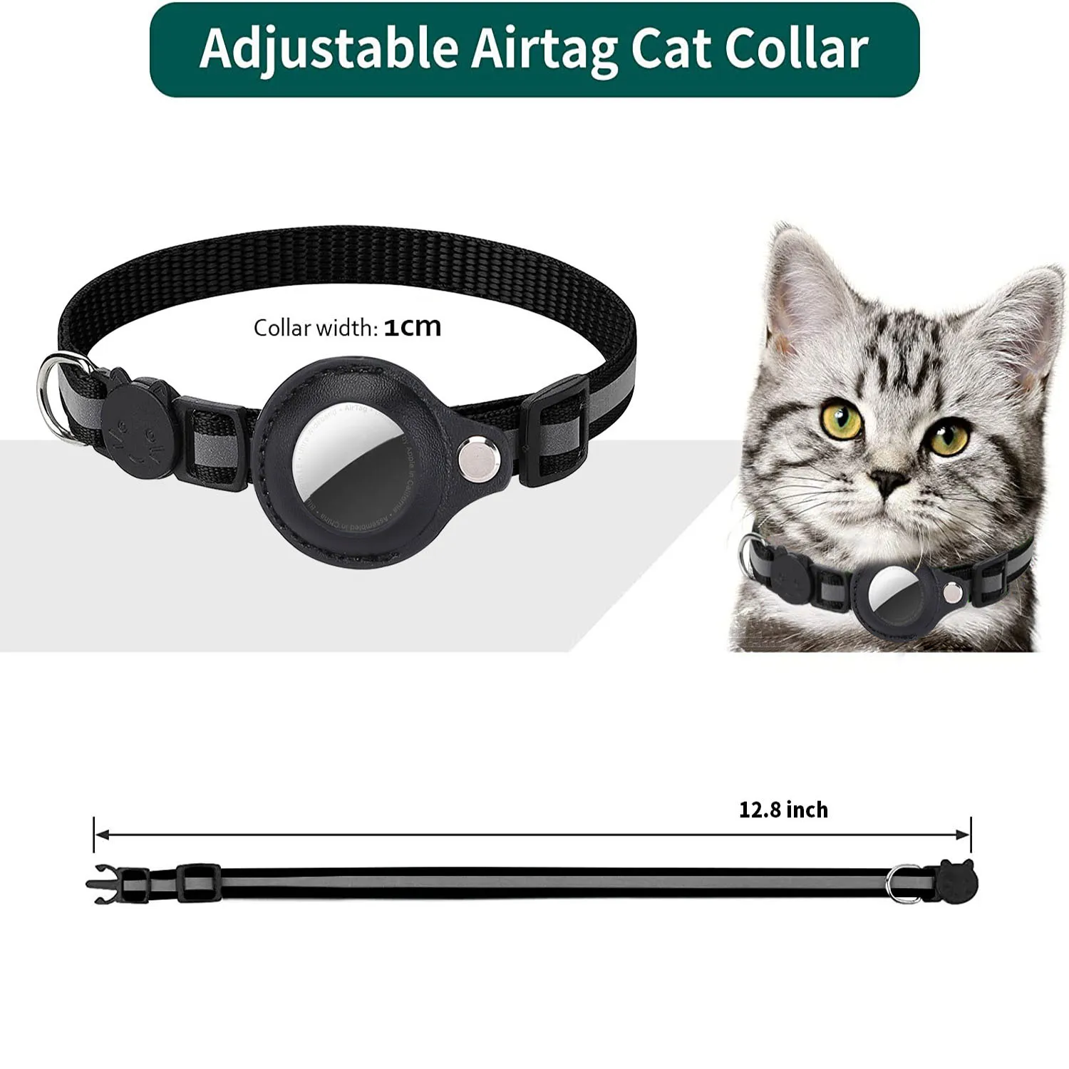 Collar con soporte AirTag para gato, tiras reflectantes separables, Collar ajustable para gatito, Collar impermeable con campana para gato, estuche