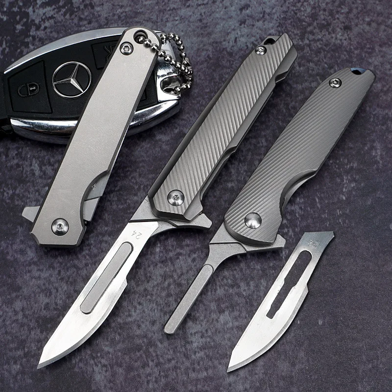 Imagem -04 - Titanium Alloy Mini Folding Knife Bisturi Edc Lâmina Substituível Escultura Gravada Ferramentas Utilitárias Atualização 10 Pcs No.24