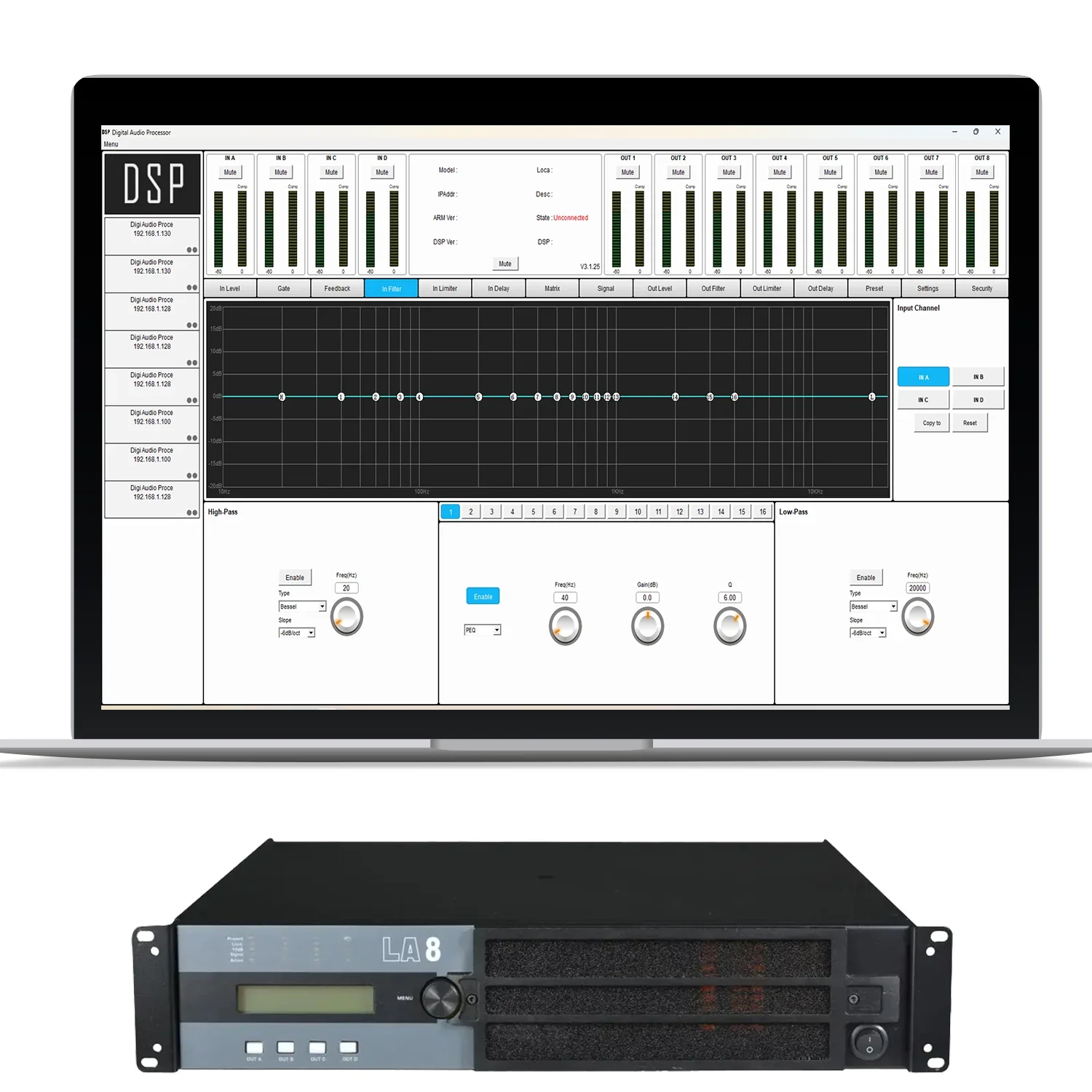 LA8 Amplificatore di potenza digitale professionale DSP 4x1500W 8OHM DJ Subwoofer Amplificatore Line Array Altoparlante Preamplificatore 4x2500W 4OHM