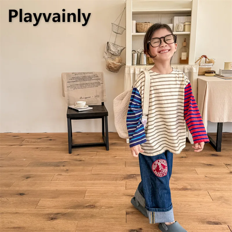 

Korean Style Children Clothes Patchwork Color Stripe Long Sleeve T-shirt Boy Girl Daily Casual Wear for Spring and Autumn A5092