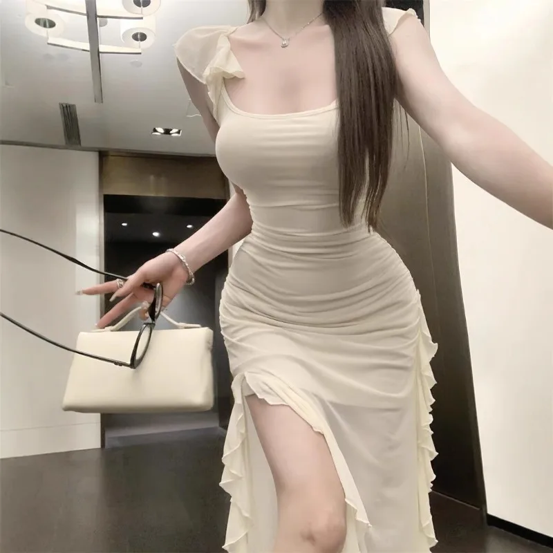 

Side-slit Dresses Women Summer Flounced Edge Decoration Lace-up Korean Style Solid Long Dress Y2k Slim Fashion Cozy Fit Vestido