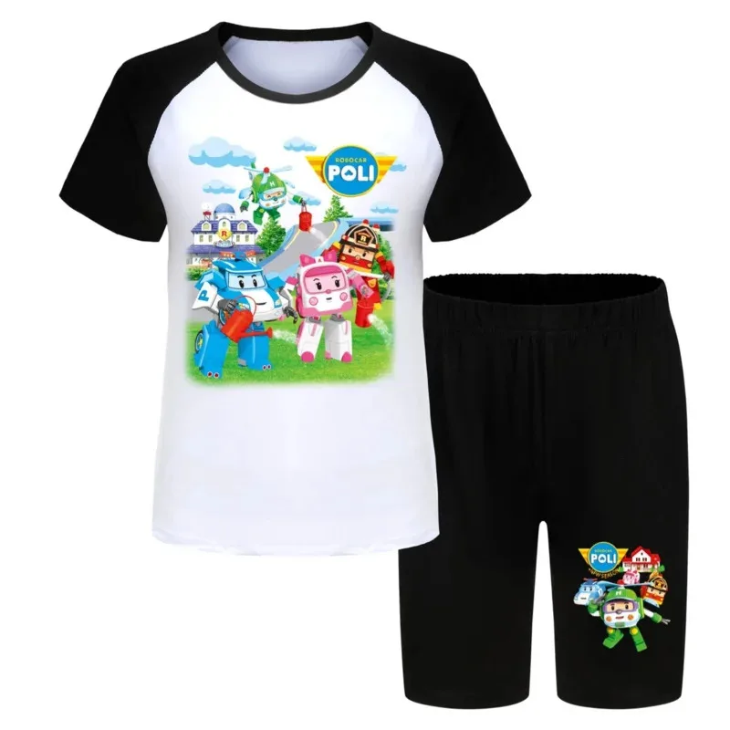 Robocar Poli الأطفال منامة مجموعة ملابس المنزل تي شيرت السراويل 2 قطعة RobocarPoli الكرتون أنيمي منخفضة الخصر الفتيان الفتيات الملابس #2