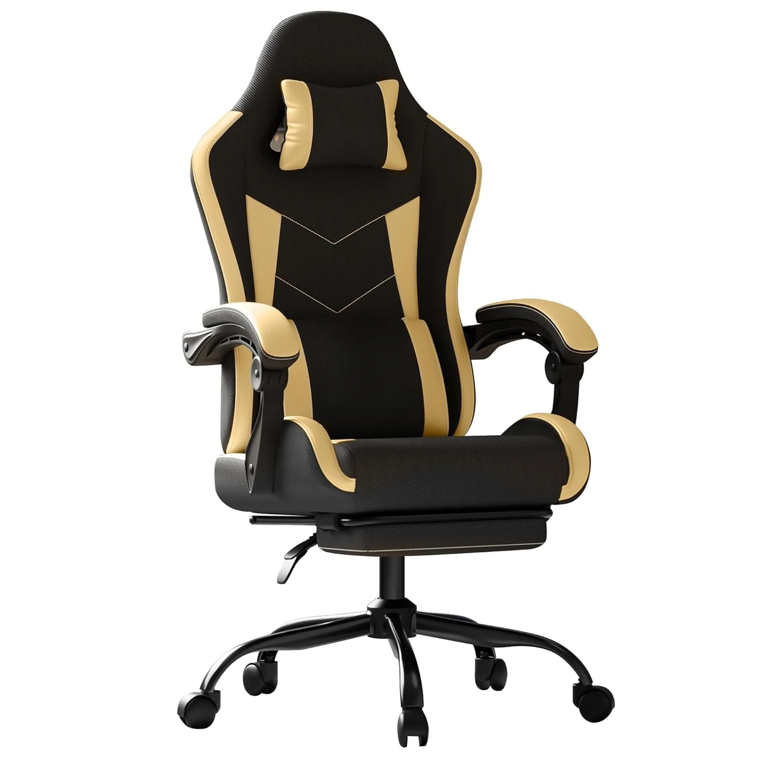 Gaming Chair with Footrest Massage Lumbar Adjustable Height Headrest Leather Mesh 330lbs Gold Customized