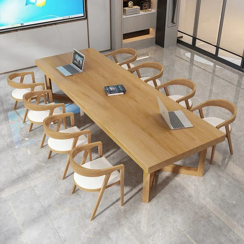 Full solid wood conference table and chair combination library strip large  office long table work table log