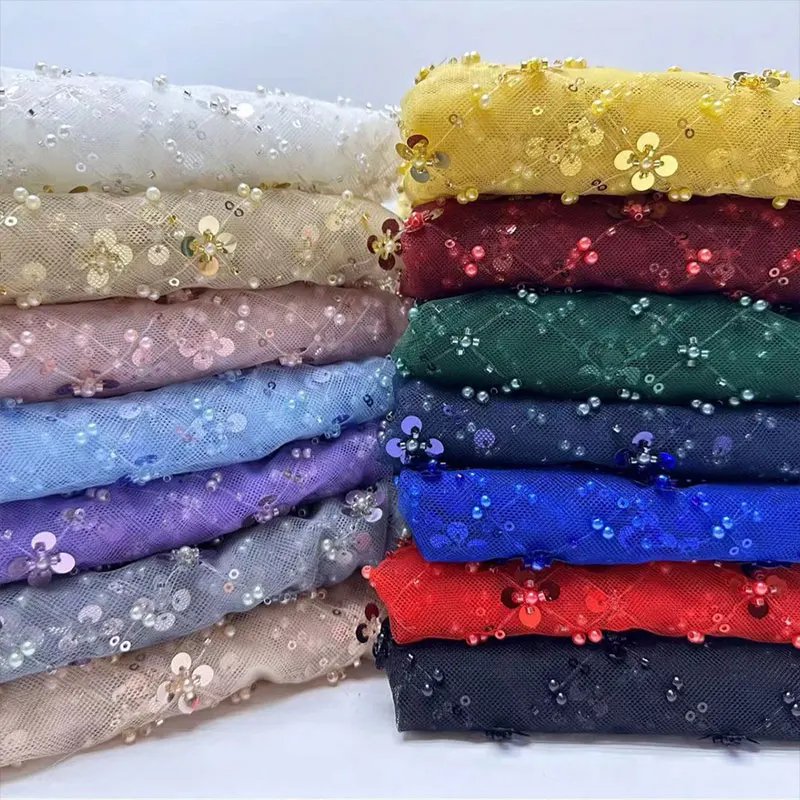 

1 Yards Elegant African Embroidery Beaded Lace Fabric Tube Sequins Mesh Lace Fabric For Nigerian Dress Wedding Party Clothing