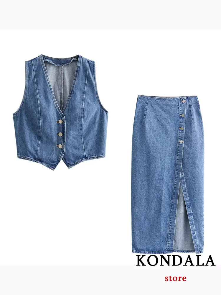 KONDALA Casual Vintage Solid Denim Women Suit Single Breasted Sleeveless Vest Long Straight Split Skirt Fashion 2024 Summer Sets