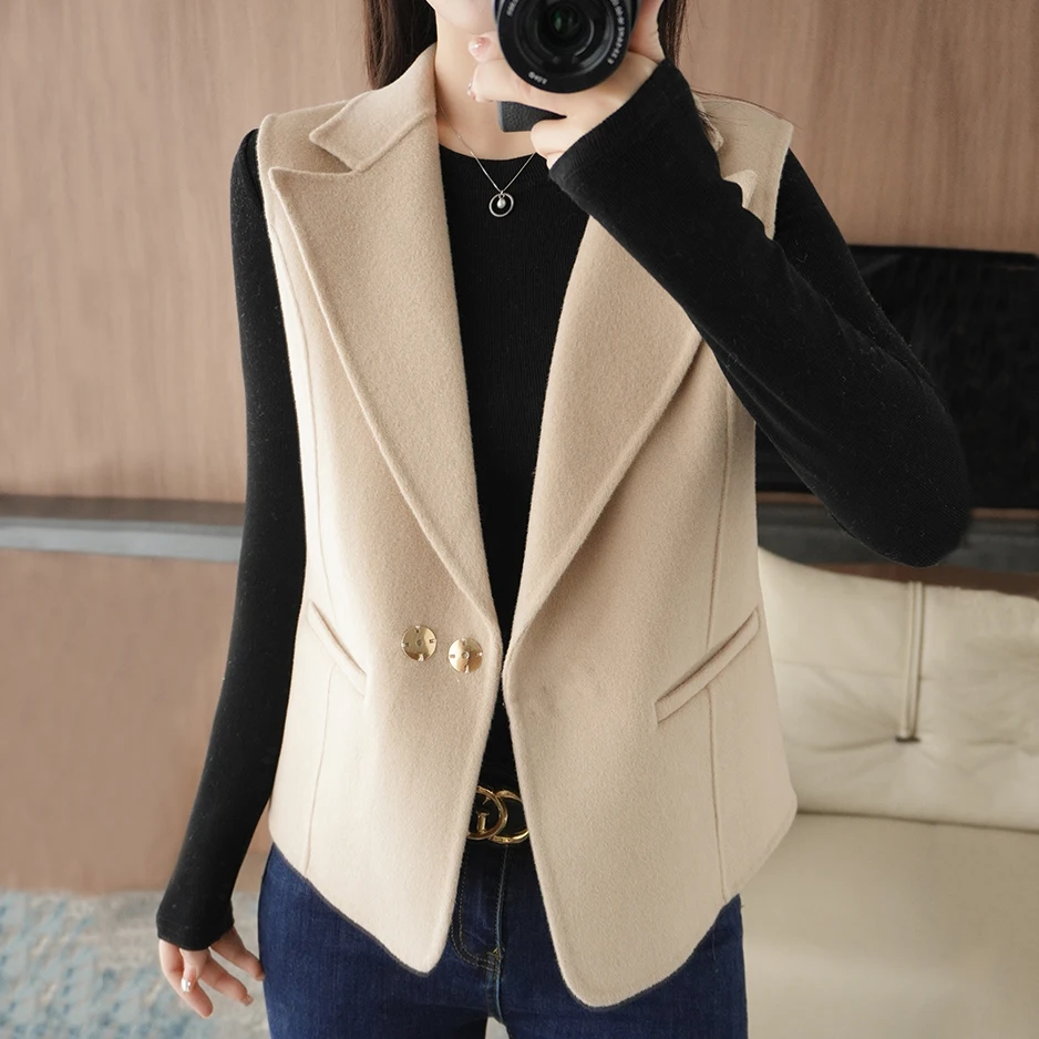 

Autumn and Winter New Style Suit Collar Sleeveless Double Faced Vest Women's Short Woolen Cloth Waistcoat