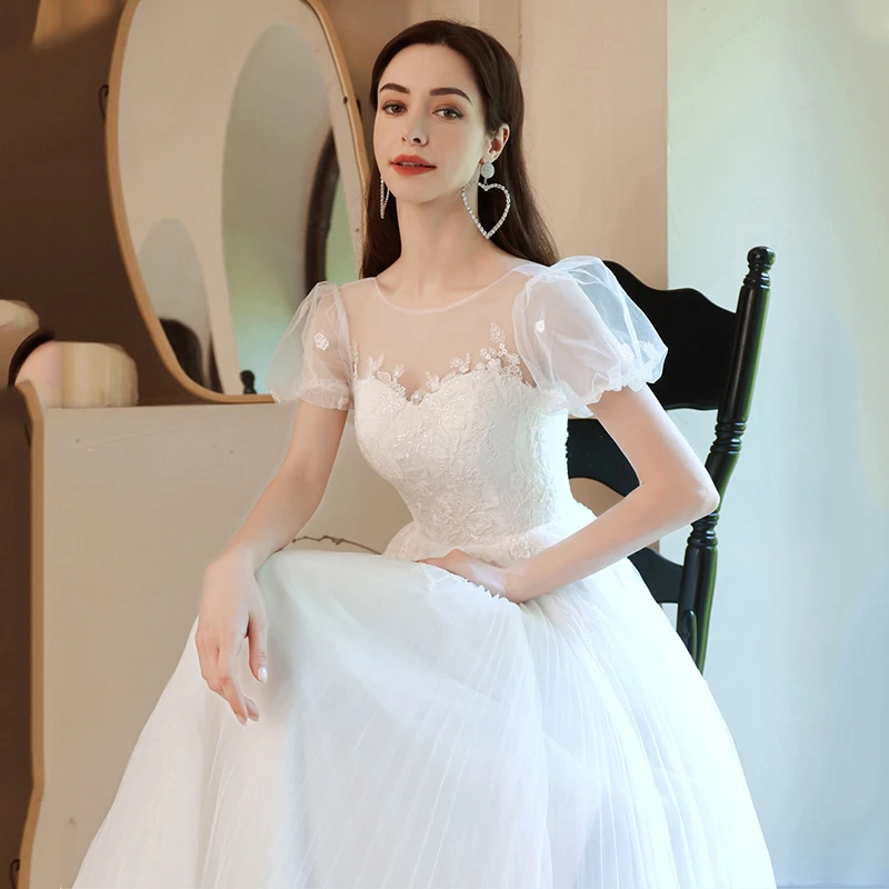 French Luxury White Satin Maxi Wedding Dresses for Bride Elegant Sexy Slim Puff Sleeve Long Prom Party Dress Women vestidos