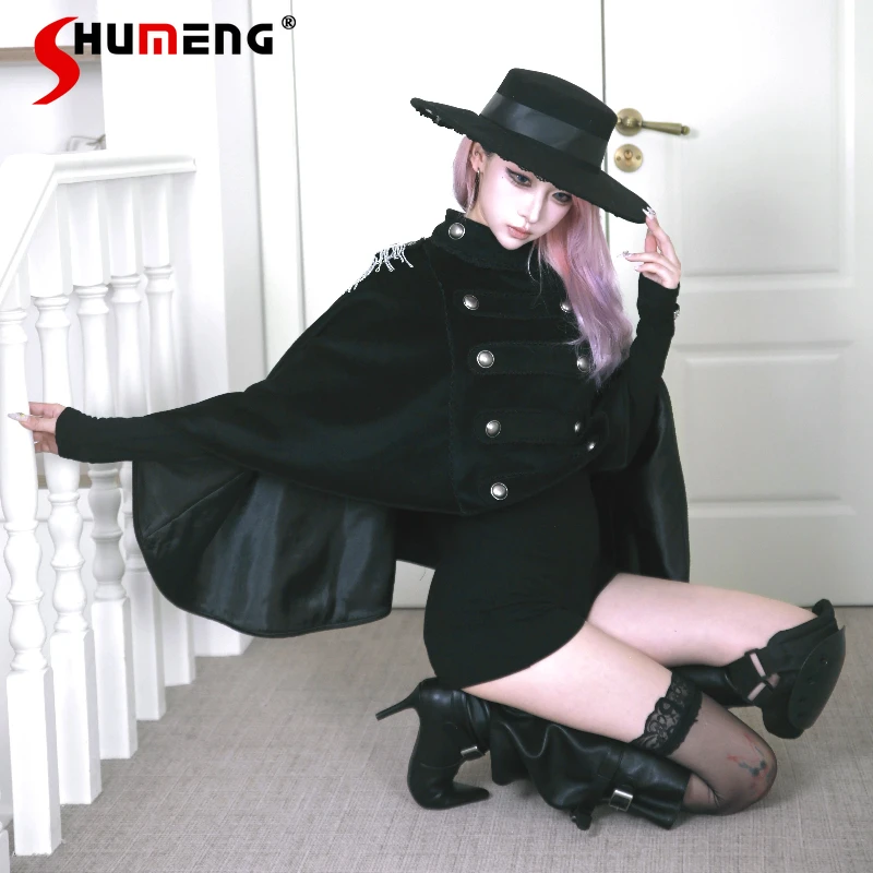 

Japanese Rojita Style Elegant Chic Ponchos Jacket Double-Breasted Detachable Tassel Epaulet Double-Breasted Metal Buckle Cape