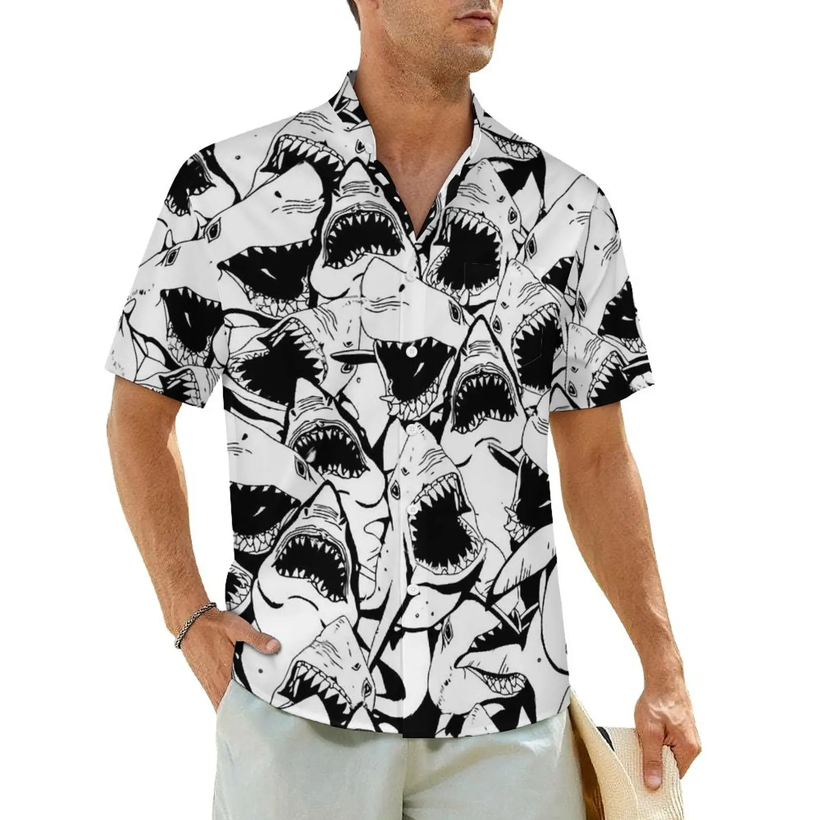 

Great White Sharks Vacation Shirt Black and White Hawaiian Casual Shirts Men Vintage Blouses Short Sleeve Streetwear Design Tops