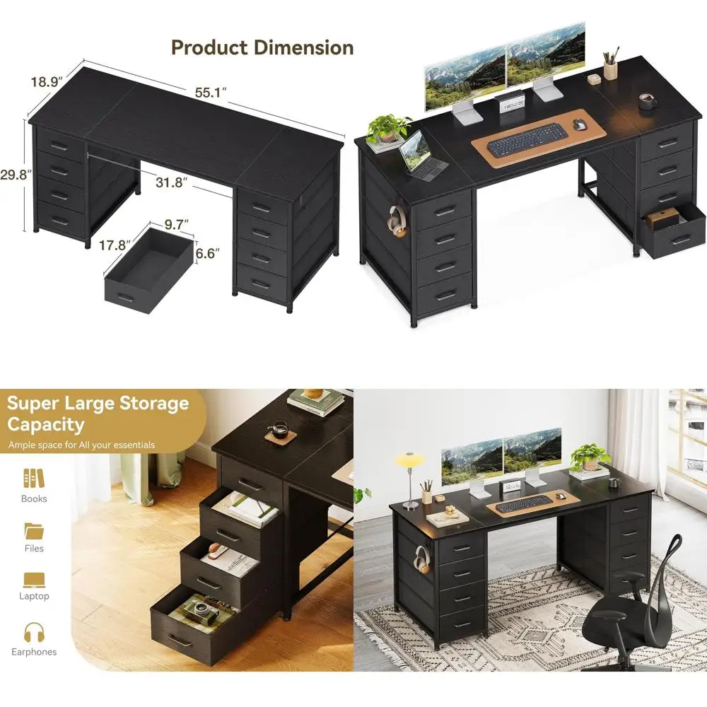 55 Large Storage Computer Desk for Home Office, Study, Gaming - Black
