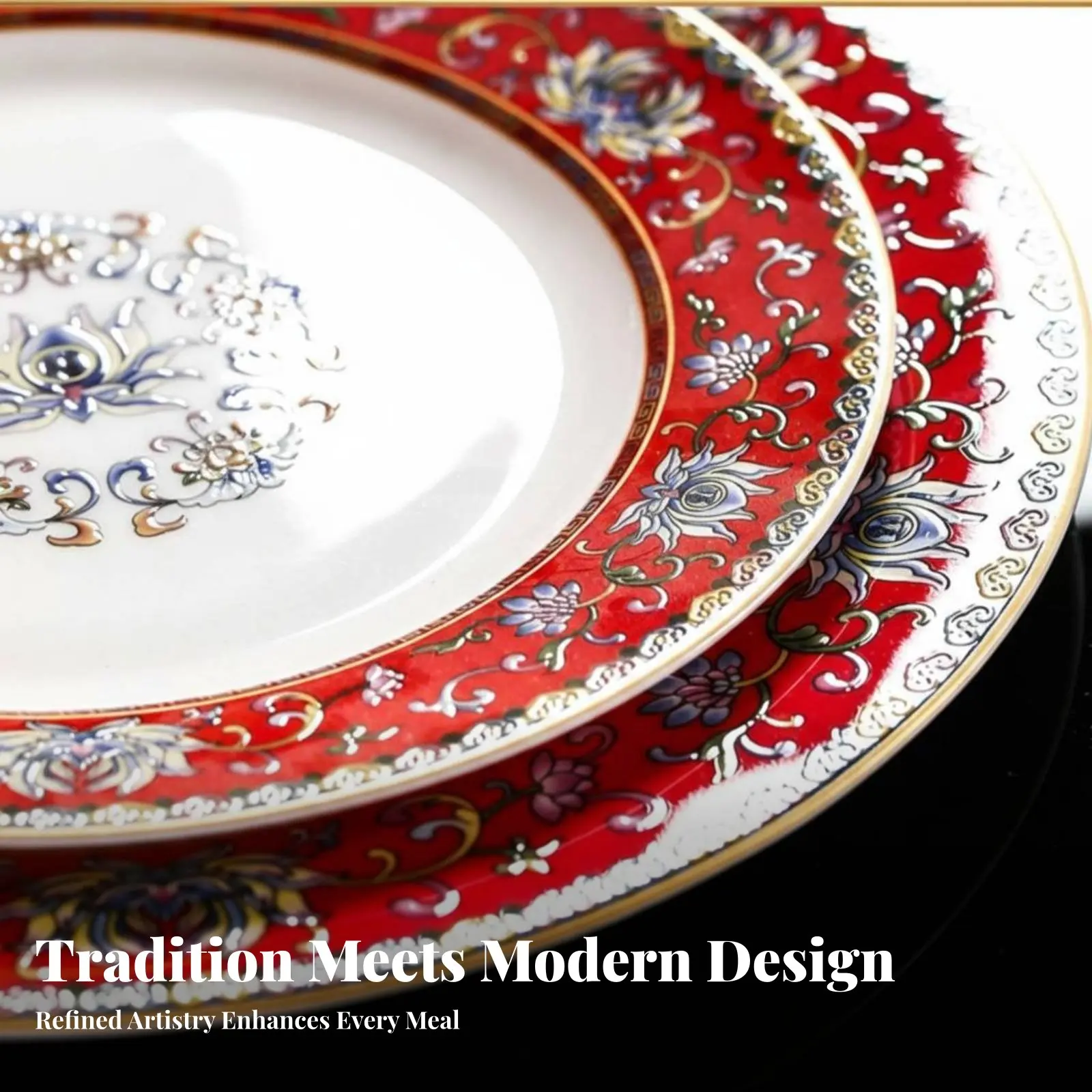Bowl Plate Dinnerware Set, Bone China, Enamel Floral, Chinese Regal Red, Festive Tableware, Household, Artistic Gift