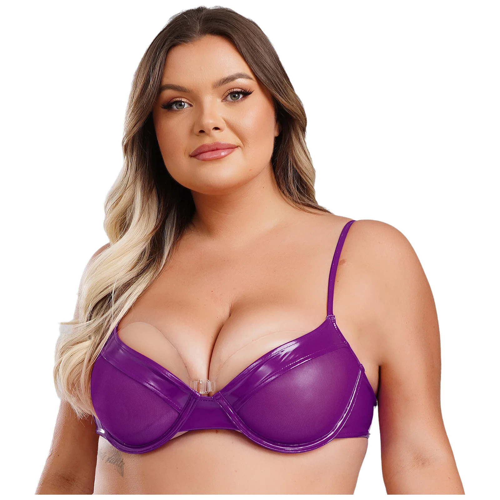 

Women Plus Size Bra Top Patent Leather Shiny Mesh Brassier Adjustable Straps 3/4 Cup Bra with Wire for Daily Casual Bras