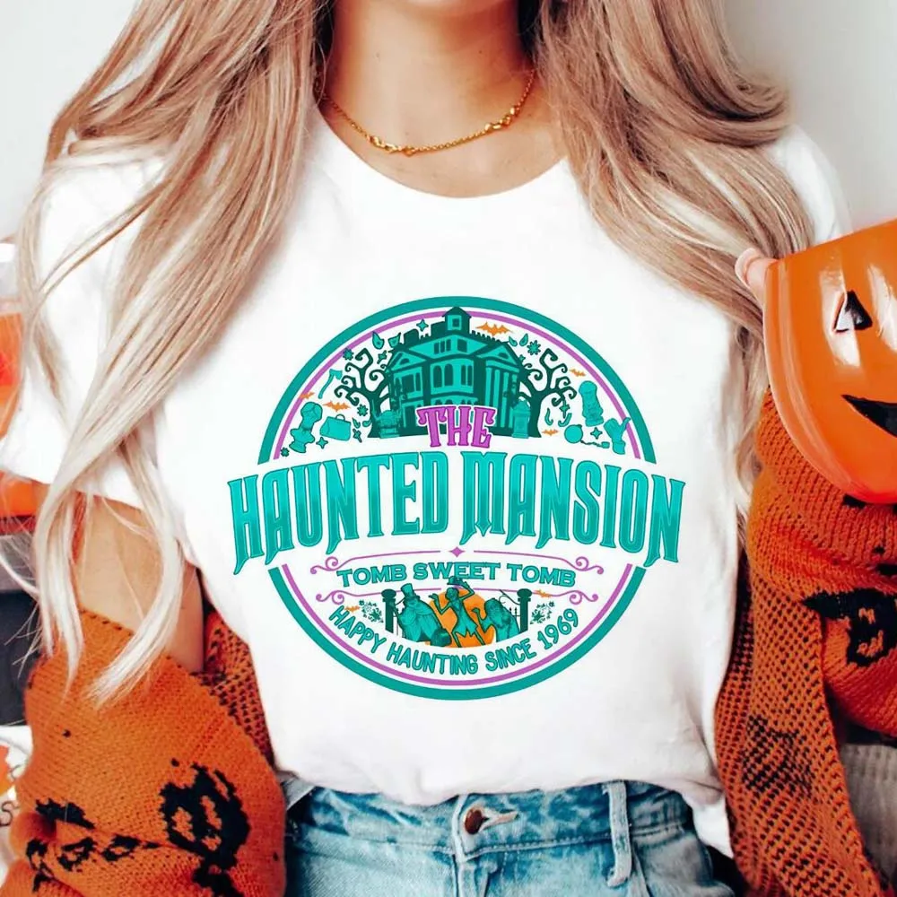 Retro The Haunted Mansion Map Tomb Sweet Tomb Trendy Versatile T-Shirt Printed Women\'s Casual Style Flower Halloween Top T-Shirt