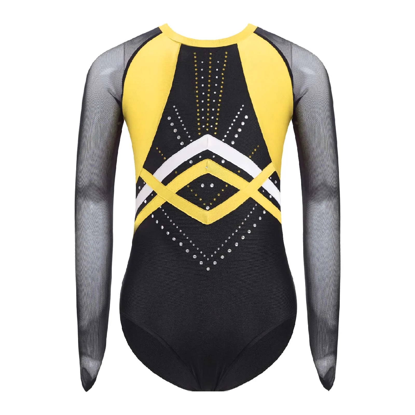 

Kids Girls Shiny Rhinestones Gymnastics Leotard Artistic Figure Skating Ballet Jersey Costume Sheer Mesh Long Sleeve Bodysuit