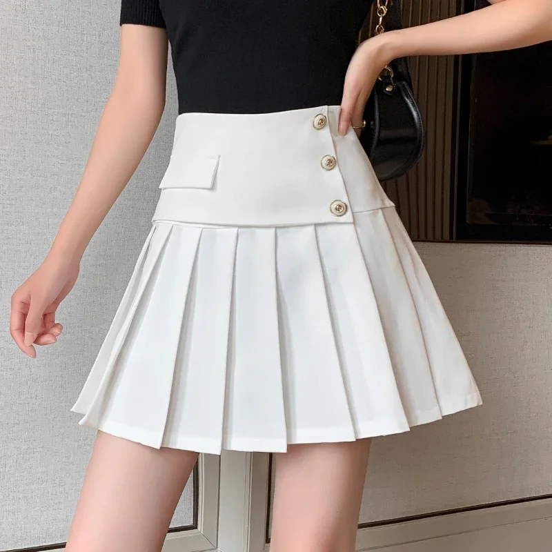 Spring Autumn Pleated Skirts Women Korean High Waist Mini Skirt A-Line Black White Buttons Office Shorts Skirt Harajuku Zipper