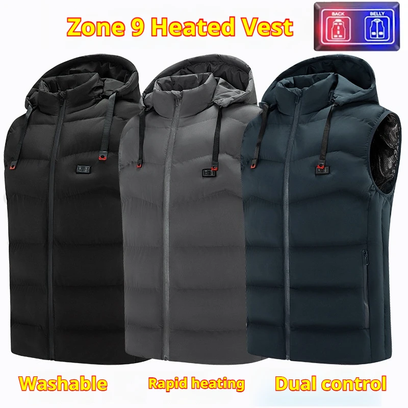 Unisex 9 Zone Heating Vest With Hood USB Electric Warm Waistcoat Men Women Smart Heating Jacket Outdoor Winter Sports Outerwear